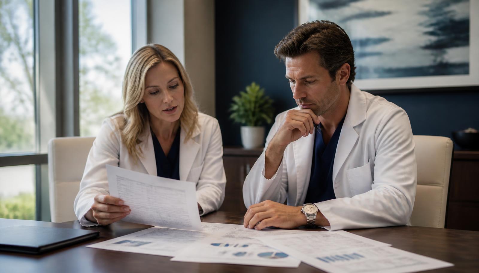 Physician-owners reviewing practice financial reports