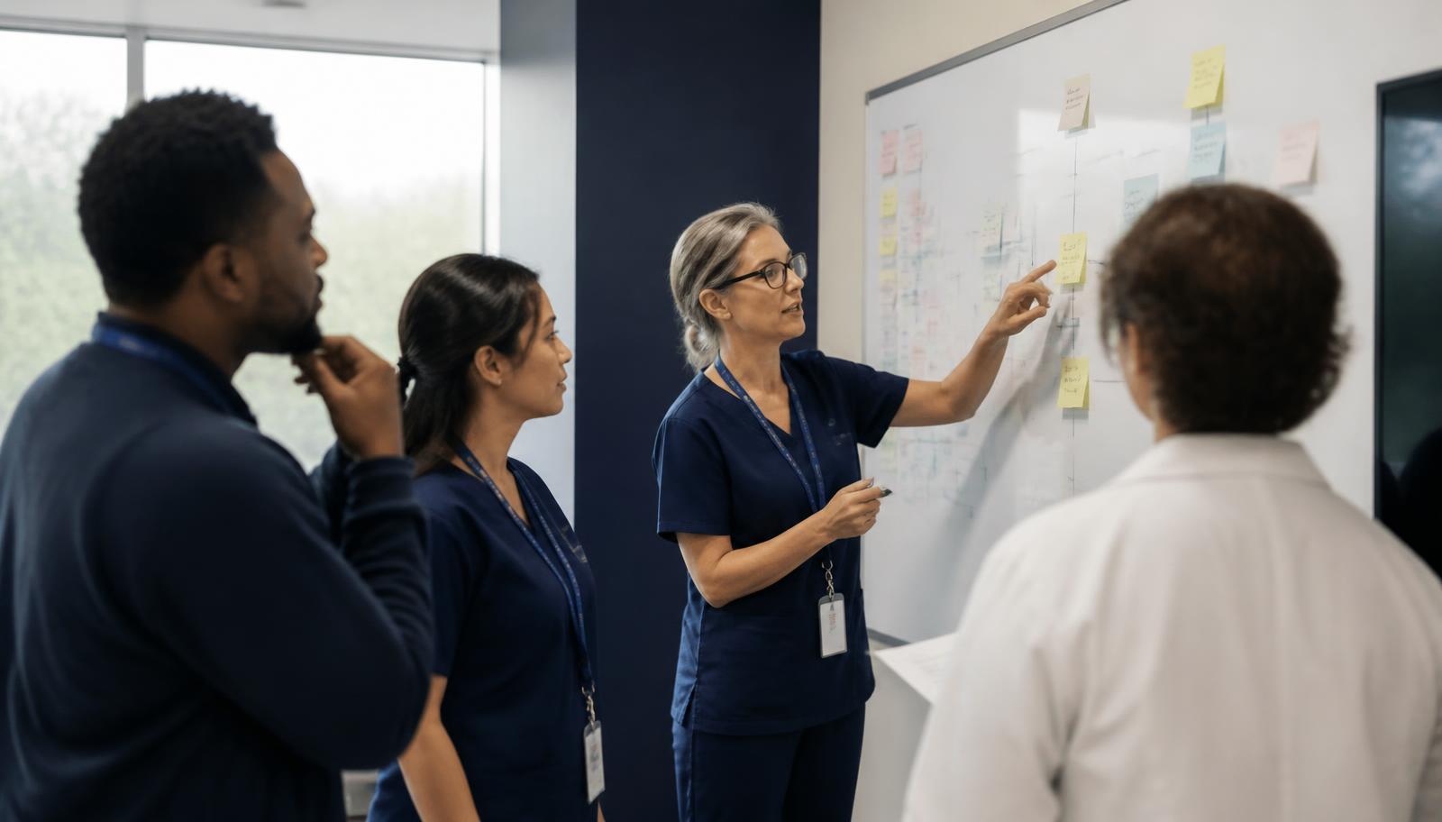 Clinical operations team mapping patient flow at a whiteboard