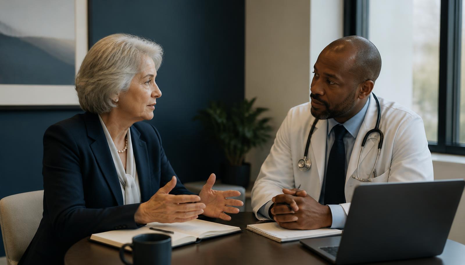 Healthcare executive advising a physician in a monthly review