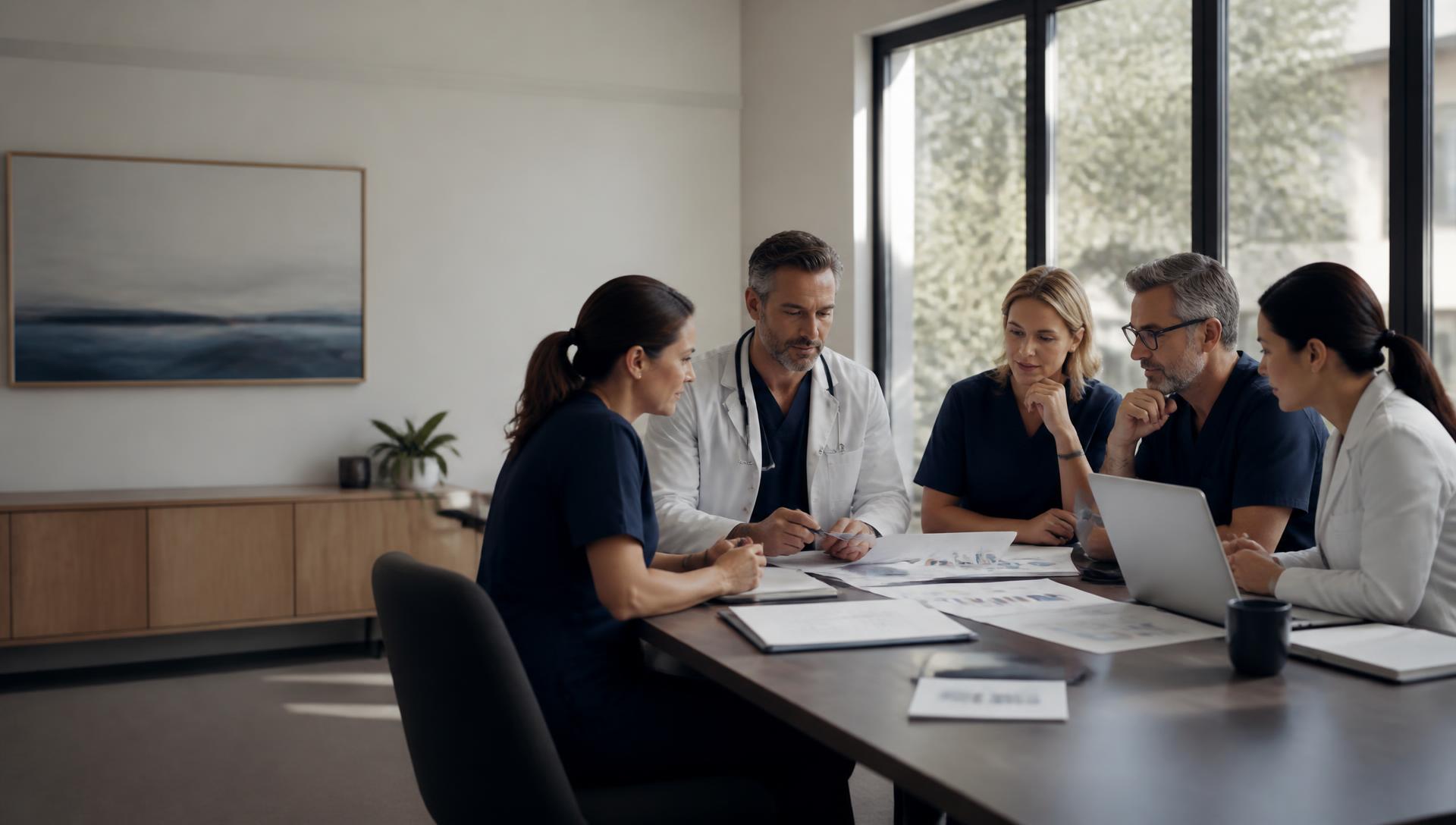 Physician-owned practice leadership team reviewing operational reports