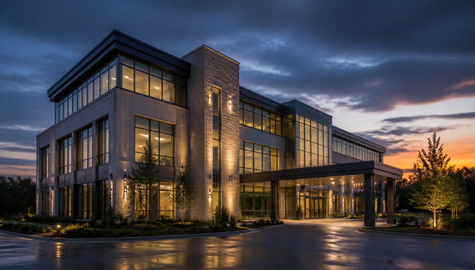 Medical office building at dusk