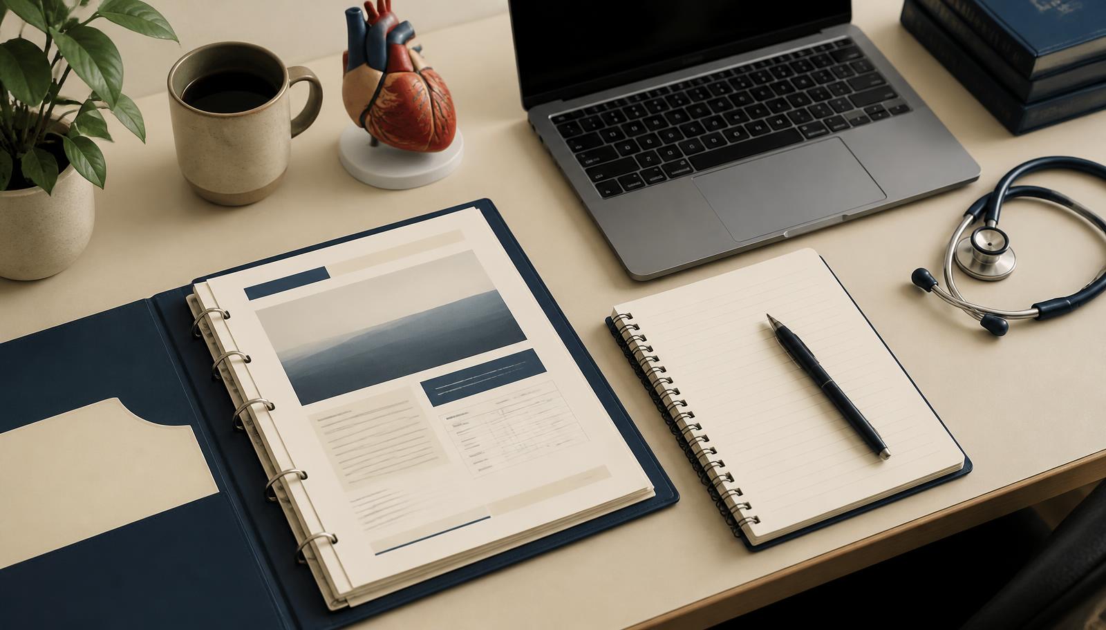 Practice workbook and notebook on a desk